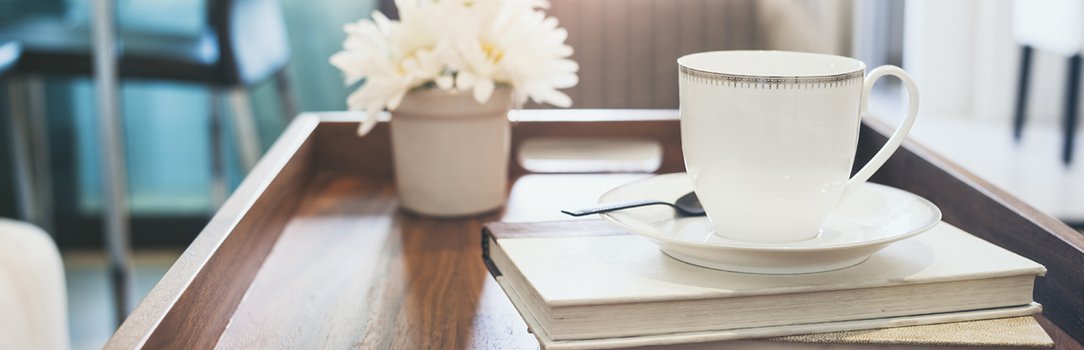 Coffee cup Book white flower on wooden tray Interior decoration